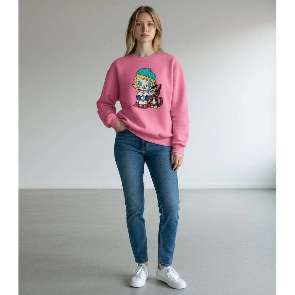 Denim Love Pink Embroidered Sweatshirt Small Barbiecore Loungewear Casual (Flaw)